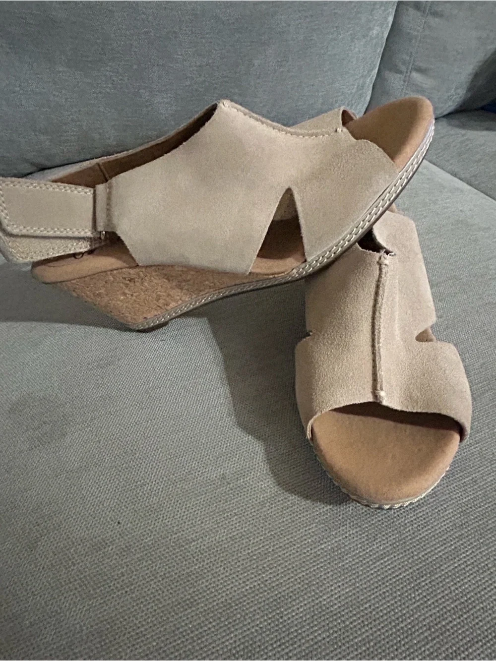 Clarks Light Beige Suede Open-Toe Slingback Wedge Sandals